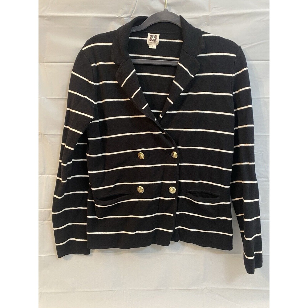 Anne Klein Black White Striped Knit Double Breasted Knit Cardigan Size L